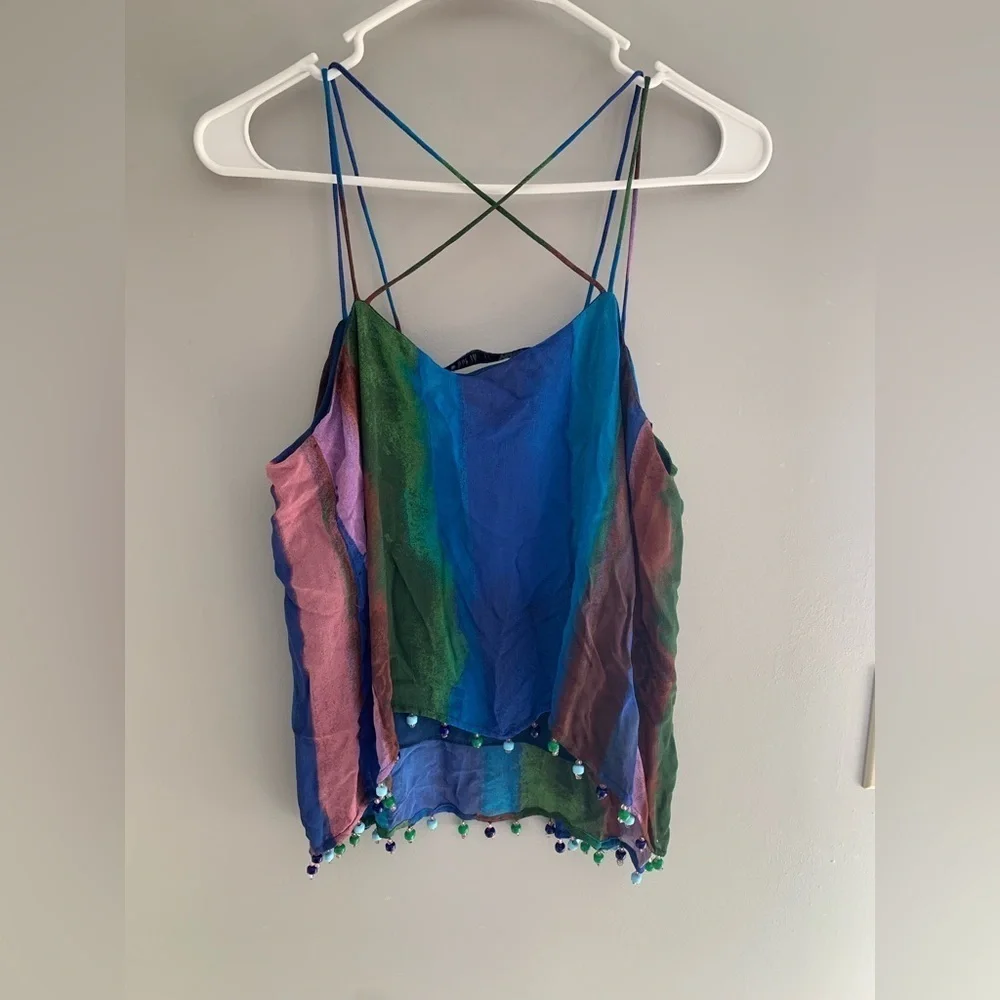 Womens Zara Multicolored Matching Beaded Trim Strap Camisole and Skirt Set S